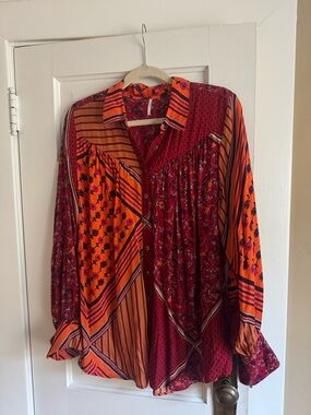 Free People Mixed Print Button-Up Blouse in Orange and Burgundy